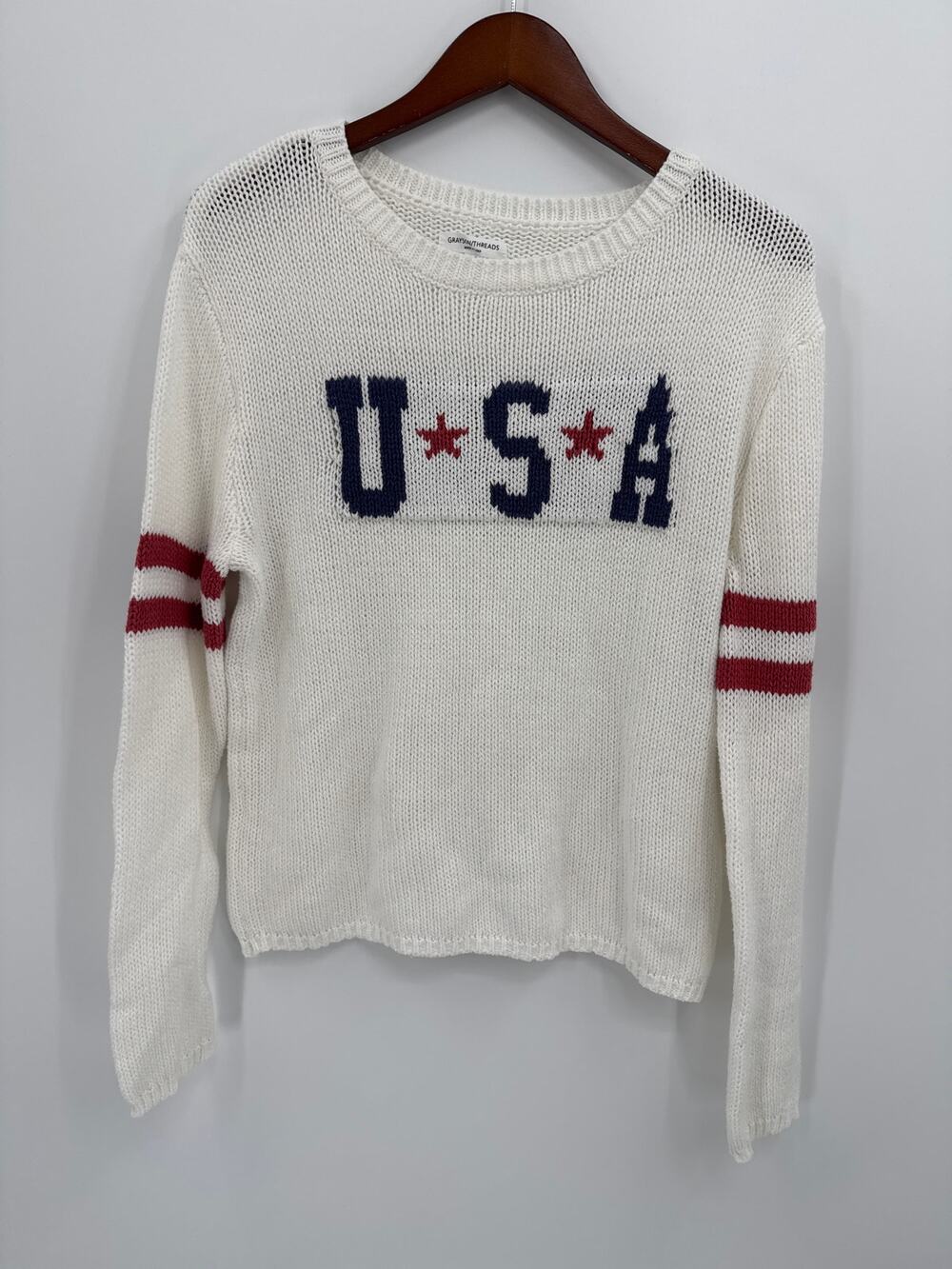 Grayson Threads USA Fisherman Knit Sweater Ivory Americana Medium Cotton Blend